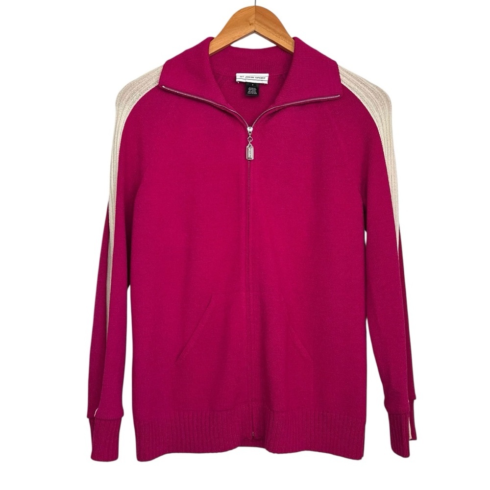 St. John Sport Womens Santana Knit Full Zip Jacket Sz Pink Sz P/ US 2 Pink Ivory